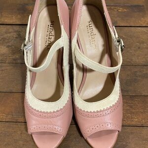 Sundance Pink and Cream Peep-Toe T-Strap Heels